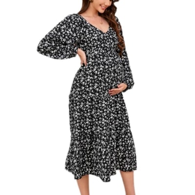 Target Garvee Womens Casual Maternity Dress Boho Chic Floral V Neck Long Sleeve A Line Ruffle Hem Midi Dresses Black White Flowers SMALL