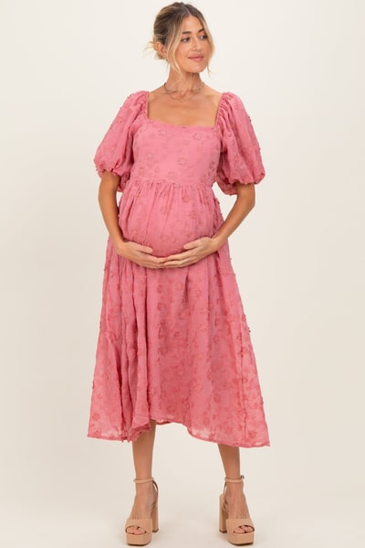 PinkBlush Mauve Embroidered Floral Puff Sleeve Maternity Midi Dress