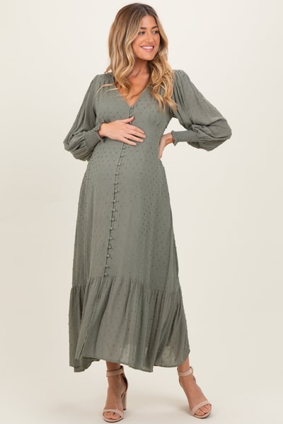 PinkBlush Dusty Olive Swiss Dot Button Down Maternity Maxi Dress