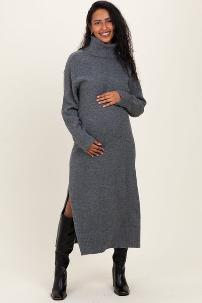 PinkBlush Charcoal Turtleneck Sweater Maternity Midi Dress