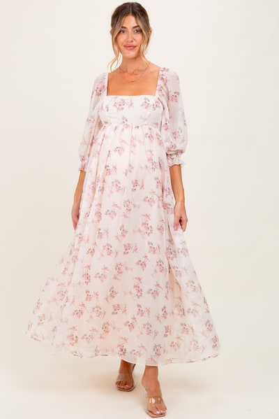 PinkBlush Light Pink Floral Chiffon Long Sleeve Maternity Maxi Dress
