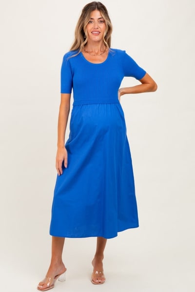 PinkBlush Blue Contrast Knit Top Maternity Midi Dress