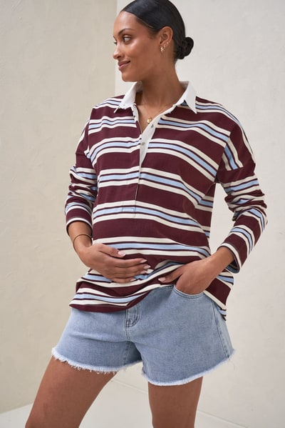 Bae the Label Right Here Rugby Top - Burgundy Stripe