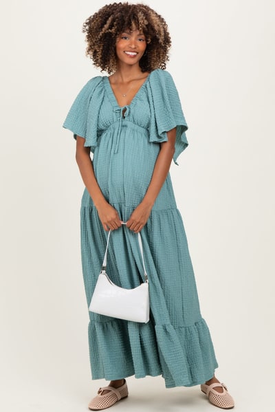 PinkBlush Sage Woven Textured Flutter Sleeve V-Neck Tiered Maternity Maxi Dress