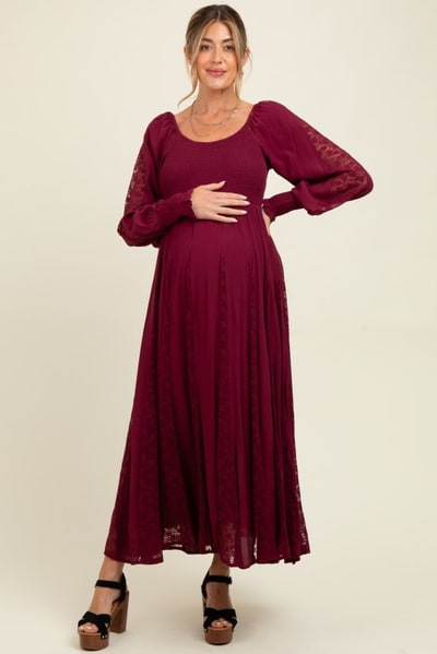 PinkBlush Burgundy Lace Inset Smocked Maternity Maxi Dress