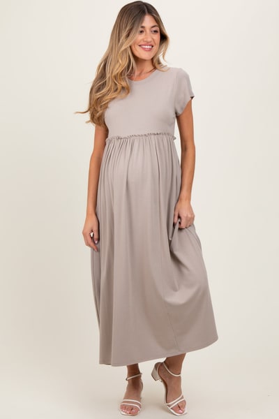 PinkBlush Taupe Ruffle Trim Maternity Maxi Dress