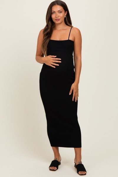 PinkBlush Black Rib Knit Off Shoulder Fitted Maternity Midi Dress