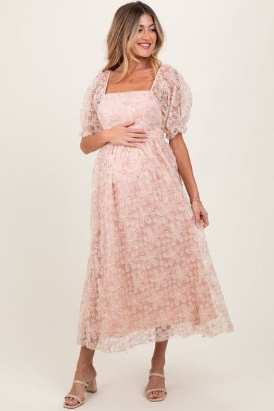 PinkBlush Light Pink Floral Mesh Overlay Tie Back Maternity Midi Dress