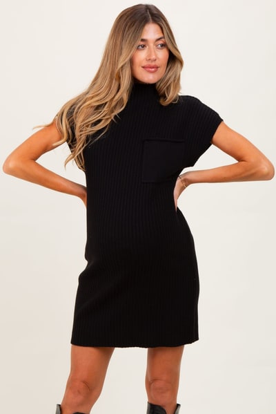 PinkBlush Black Ribbed Knit Maternity Short Sleeve Sweater Dress