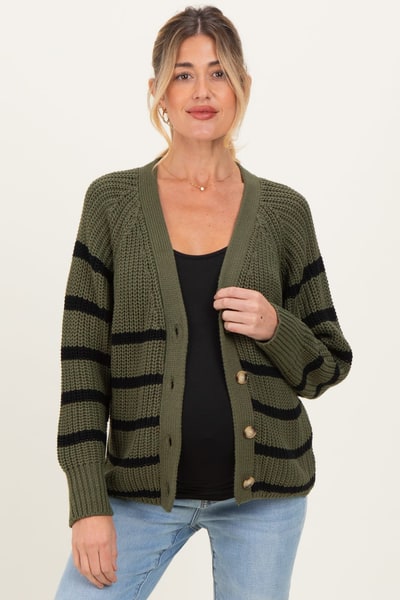 PinkBlush Olive Striped Chunky Knit Maternity Button Cardigan