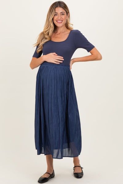 PinkBlush Navy Scoop Neck Pleated Skirt Ballet Maternity Dress