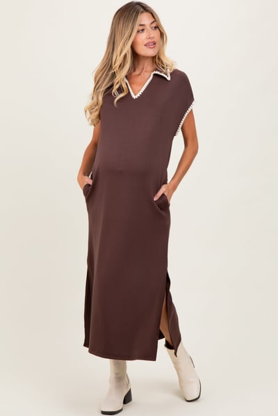 PinkBlush Brown Collared Stitch Detail Short Sleeve Maternity Midi Dress