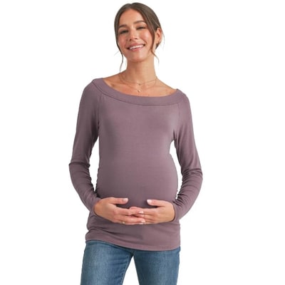Target Hello Miz Women's Casual Boat Neck Long Sleeve Ruched Maternity Top - Mauve - Small