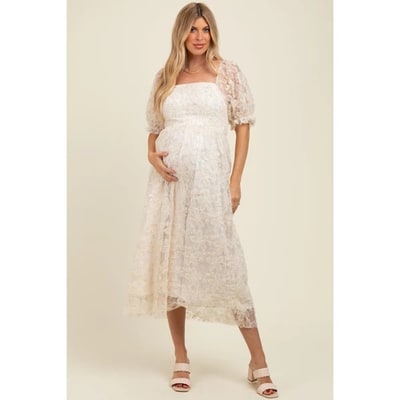 Target Pinkblush Cream Floral Mesh Overlay Tie Back Maternity Midi Dress Large