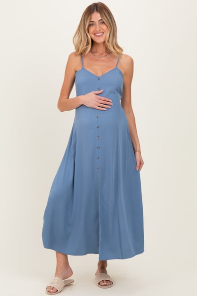 PinkBlush Slate Blue Button Accent Maternity Midi Dress