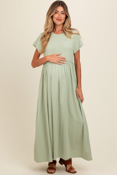 PinkBlush Light Olive Ruffle Trim Maternity Maxi Dress