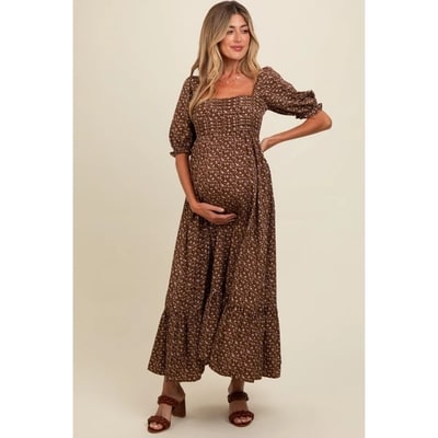 Target Pinkblush Mocha Floral Pleated Bodice Maternity Maxi Dress Small