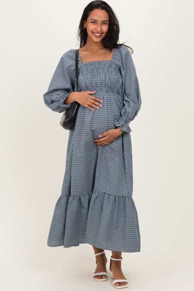 PinkBlush Dusty Blue Plaid Square Neck Long Sleeve Maternity Maxi Dress