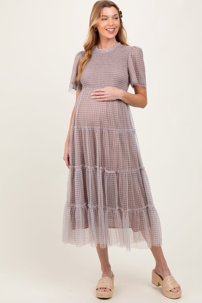 PinkBlush Grey Gingham Mesh Tiered Maternity Midi Dress