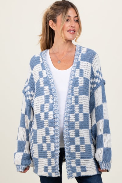 PinkBlush Blue Mixed Check Pattern Chunky Maternity Cardigan