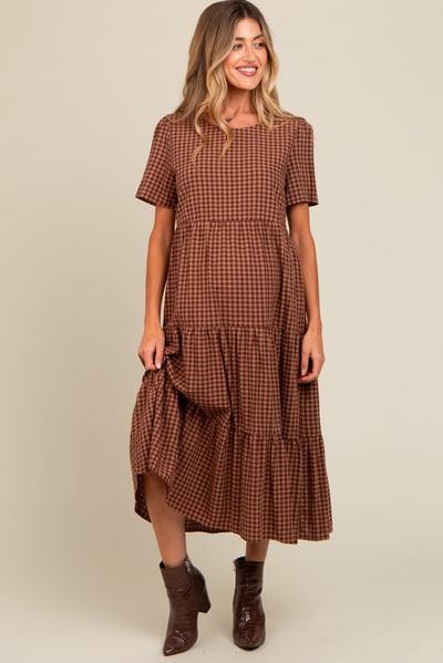 PinkBlush Mocha Gingham Tiered Maternity Midi Dress