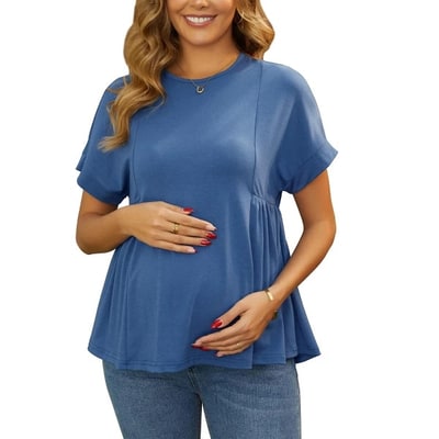 Target INSPIRE CHIC Women's Maternity Babydoll Short Sleeves Pleated Waist Pregnancy Shirt Oversized Peplum Casual Loose Blouse X-Large Blue
