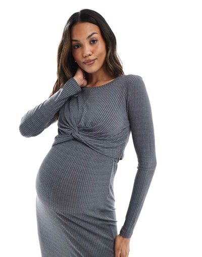 ASOS Mamalicious Maternity ribbed jersey knot front top and skirt set in heather gray