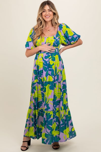 PinkBlush Teal Leaf Print Printed Puff Sleeve Maternity Maxi Dress