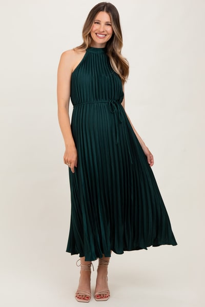 PinkBlush Forest Green Pleated Maternity Halter Dress