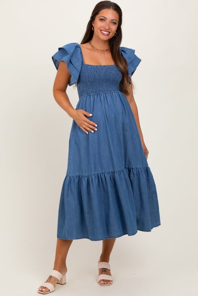 PinkBlush Blue Chambray Smocked Flutter Sleeve Maternity Dress