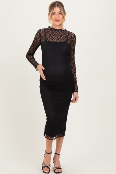 PinkBlush Black Lace Overlay Fitted Maternity Midi Dress