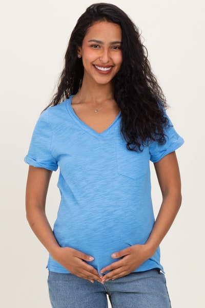 PinkBlush Blue Raw Edged Basic Slub Maternity Top