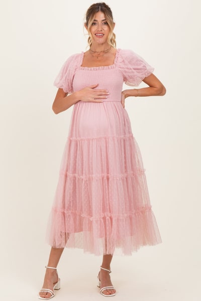 PinkBlush Light Pink Tulle Puff Sleeve Smocked Maternity Midi Dress