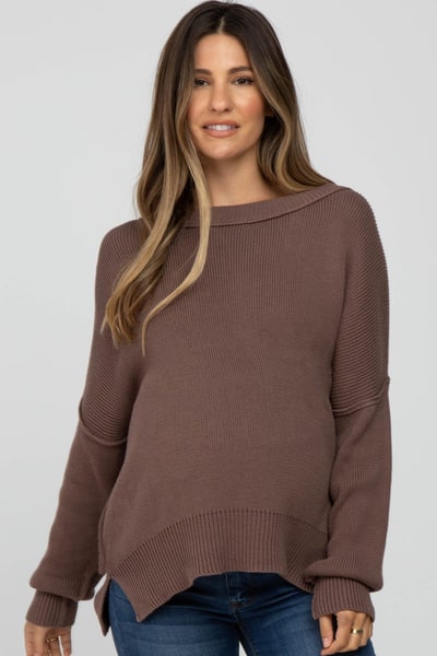 PinkBlush Brown Exposed Seam Side Slit Maternity Sweater