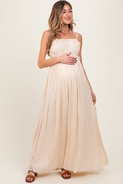 PinkBlush Beige Lace Bodice Cutout Tie Back Maternity Maxi Dress