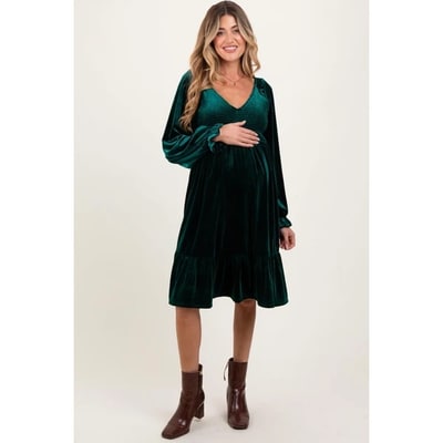Target Pinkblush Forest Green Velvet Smocked Maternity Long Sleeve Dress XL