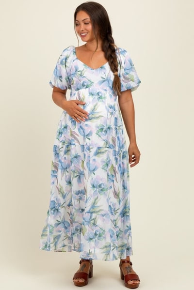 PinkBlush Blue Floral Chiffon Puff Sleeve Maternity Midi Dress