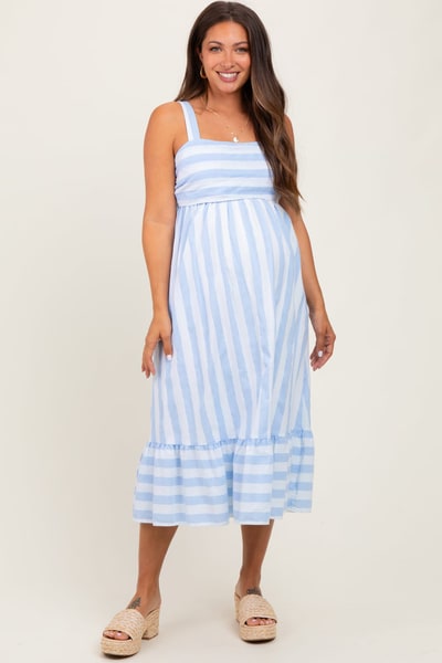 PinkBlush Light Blue Stripe Back Ribbon Tie Maternity Midi Dress