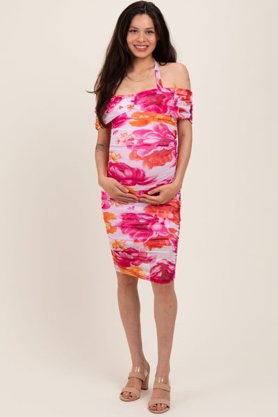 PinkBlush Fuchsia Floral Mesh Off Shoulder Halter Maternity Midi Dress