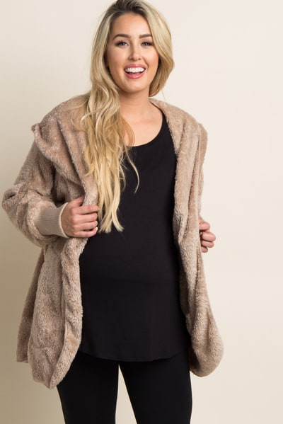 PinkBlush Taupe Fuzzy Hooded Long Sleeve Maternity Jacket