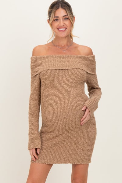 PinkBlush Mocha Off The Shoulder Knit Sweater Maternity Mini Dress