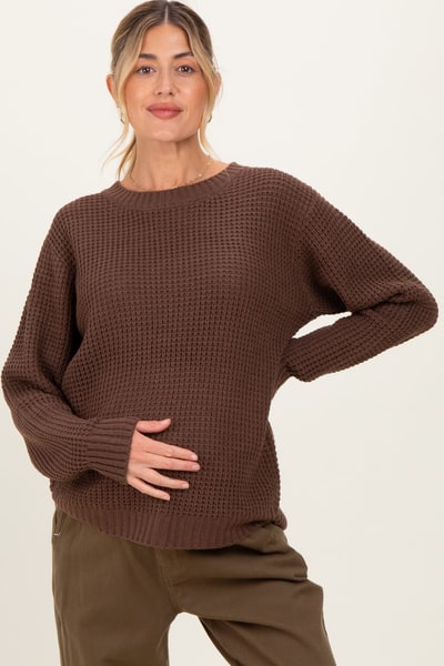 PinkBlush Dark Mocha Waffle Knit Rounded Hem Maternity Sweater