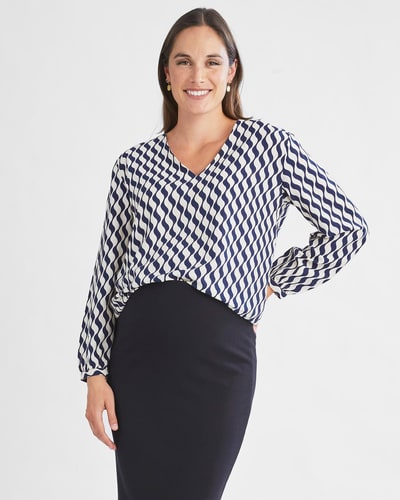 Angel Maternity Ashley Geometric Wave-Print V-Neck Long-Sleeve Blouse