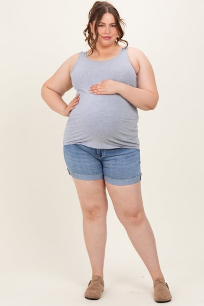 PinkBlush Blue Raw Cut Hem Cuffed Maternity Plus Jean Shorts