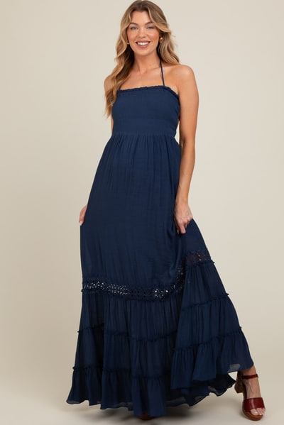 PinkBlush Navy Smocked Open Back Maternity Maxi Dress
