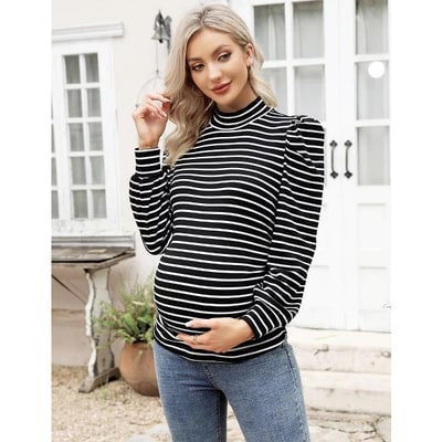 Target KOJOOIN Women's Mock Neck Long Sleeve Knit Ribbed Maternity Ruched Tunic Pullover Sweater(Black&White,2XL)