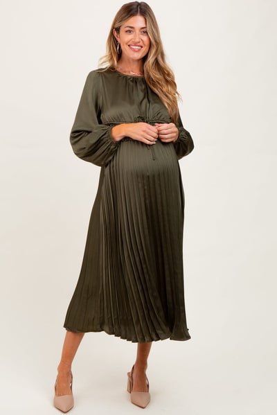 PinkBlush Olive Pleated Satin Smocked Waist Maternity Midi Dress