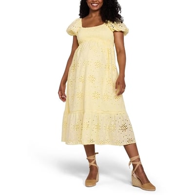 Target Women's Smocked Bodice with Puff Sleeves Maternity Midi Dress - Pastel Yellow - Size: Large - Motherhood Maternity