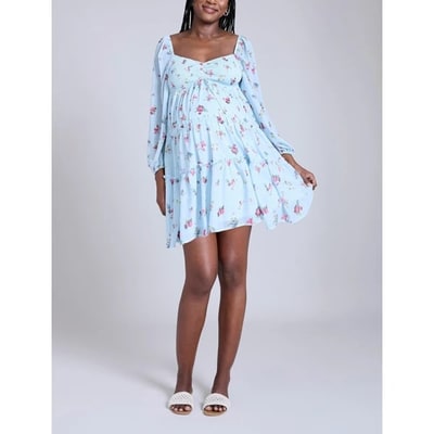 Target Women's Long Sleeve Front Tie Tiered Maternity Mini Dress - Skyway Ditsy Floral - Size: Small - Motherhood Maternity