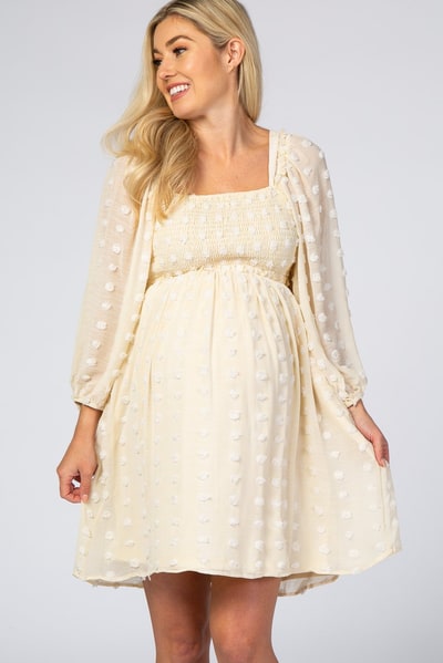 PinkBlush Beige Textured Dot Smocked Square Neck Chiffon Maternity Dress